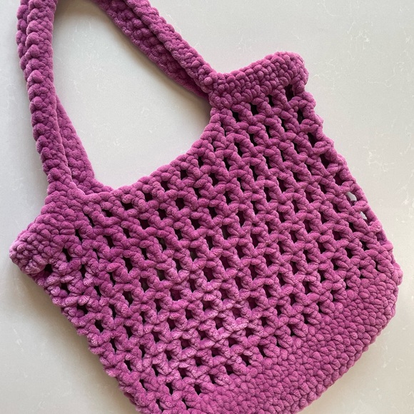 Pink Handmade Crochet Plush Large Tote Bag - Picture 1 of 6